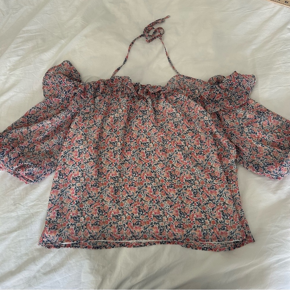 1. State Top Floral Ruffle Sleeve Coral Off the Shoulder Medium